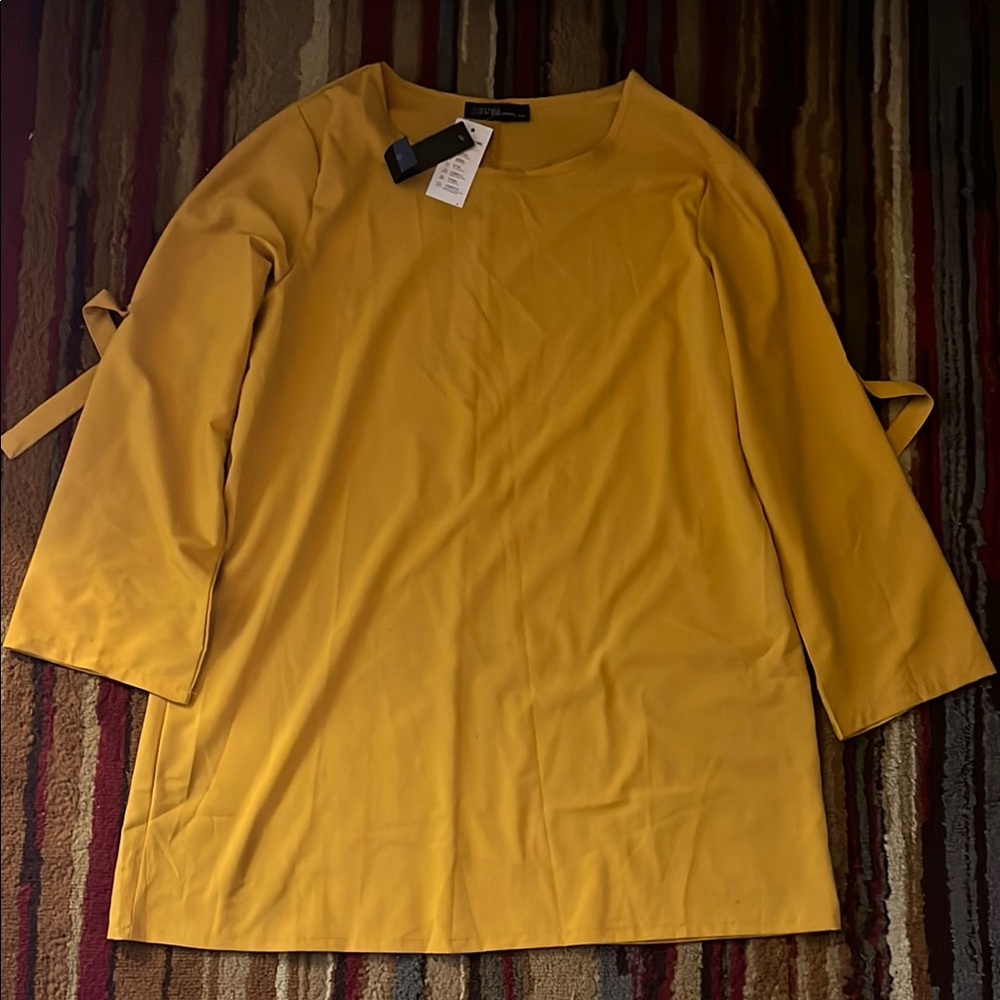 Zanzea Gold Boxy Tie Front Long Sleeve Dress